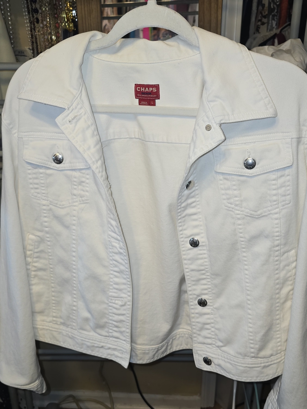 Chaps Denim Women’s White Stretch Jean Jacket Size Large Trucker Jacket